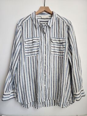 Two By Vince 100% Linen Blue and White Striped Casual Button-Up Blouse